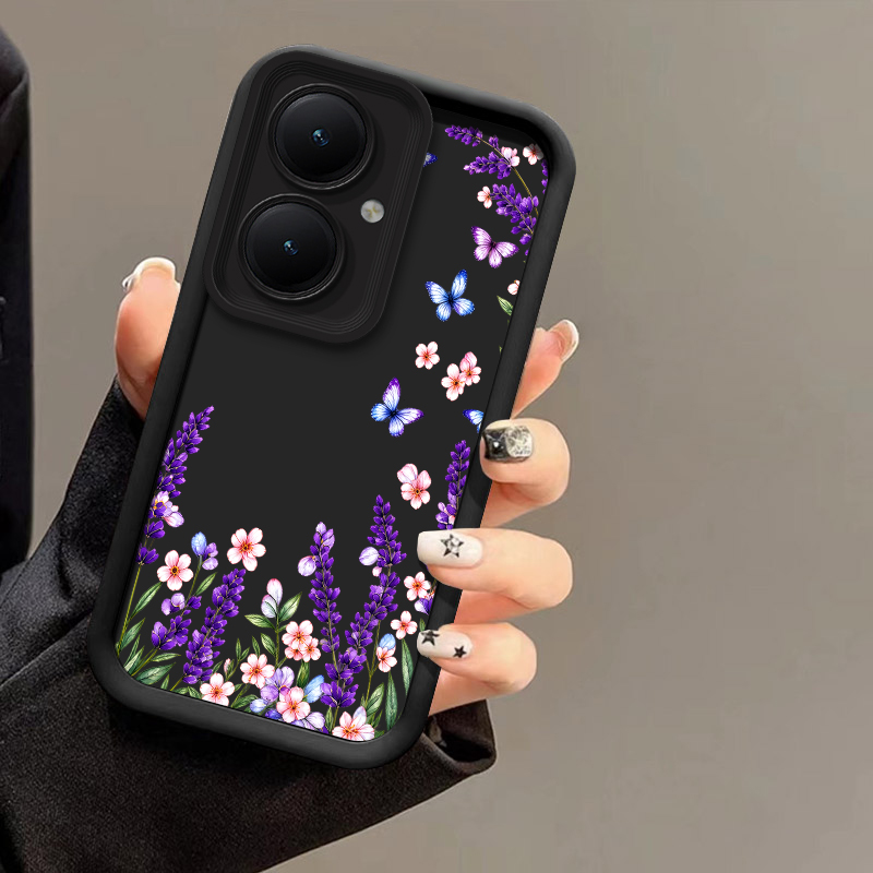 Vivo Y28 - ラベンダー色の蝶柄のスマートフォンケース。Vivo Y21、Y21S、Y22S、Y27、Y28、Y29、Y30、Y31、Y36、Y38、Y39に対応。耐衝撃性に優れたソフトシリコン製。