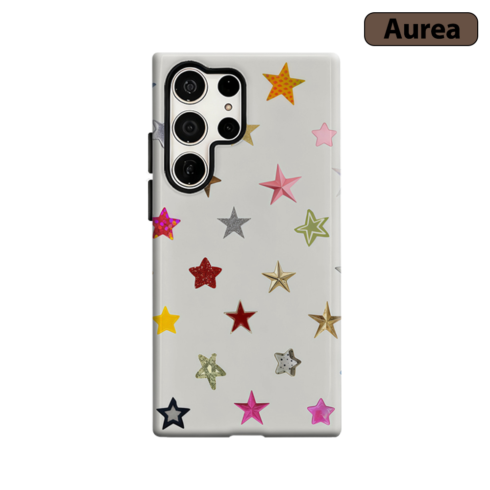 Samsung Galaxy S24 - ライトカラフルスターデコレーション付きスマホケース サムスンギャラクシーS25ウルトラ S24 S23ウルトラプラス用 耐衝撃ダブルレイヤータフバックカバー