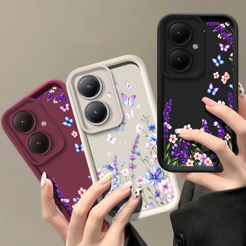 ラベンダー色の蝶柄のスマートフォンケース。Vivo Y21、 - Vivo Y28 のレビューと価格