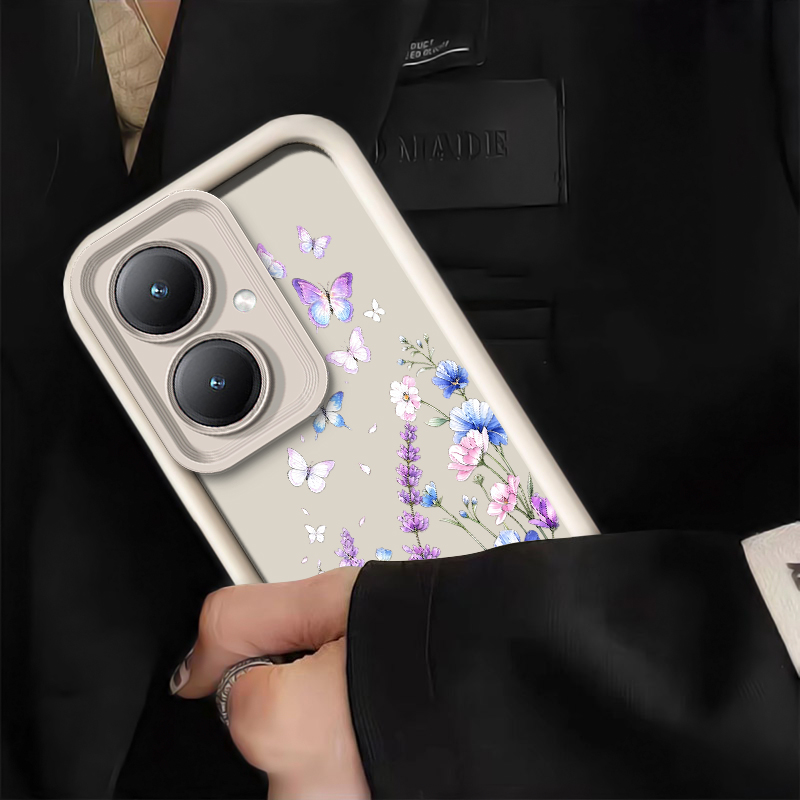 ラベンダー色の蝶柄のスマートフォンケース。Vivo Y21、 - Vivo Y28 のレビューと価格