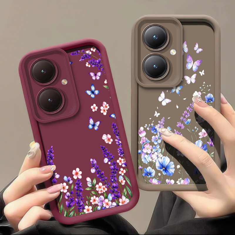 ラベンダー色の蝶柄のスマートフォンケース。Vivo Y21、 - Vivo Y28 のレビューと価格